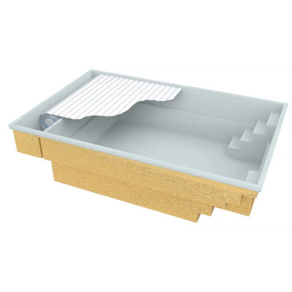 Glasfiberpool Bahama med förstärkt polyester, beige betongbotten och rullbart metalltak