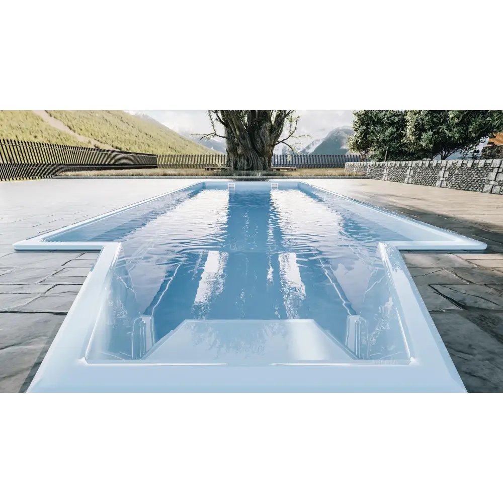 Modern glasfiberpool Grenada med intressant form, bekväma sittplatser och ljusblått vatten