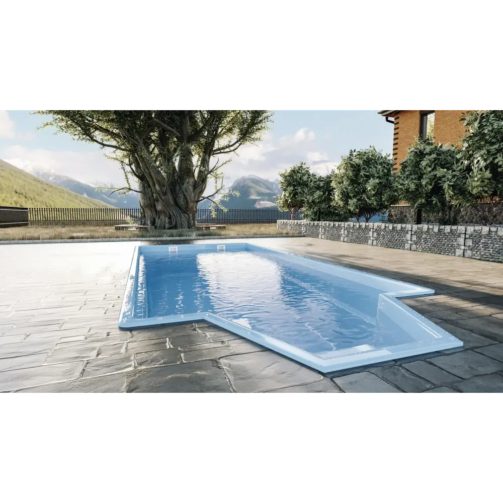 Glasfiberpool Grenada med intressant form, bekväma sittplatser och ljusblått vatten