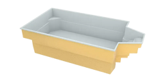Grenada fibreglass pool – distinctive shape, comfortable seating, yellow and grey