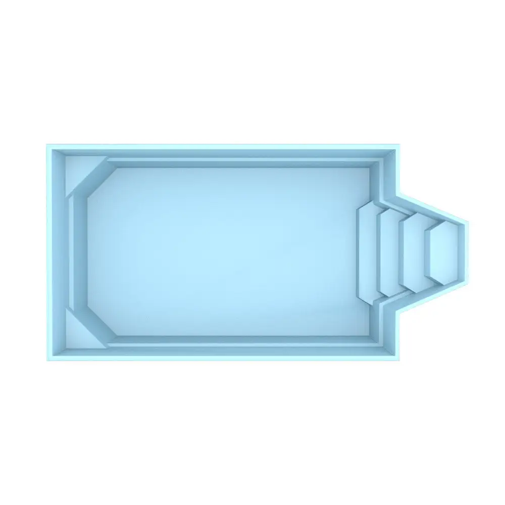 Ljusblå rektangulär medelstor glasfiberpool Grenada med vit ram och trappad entré