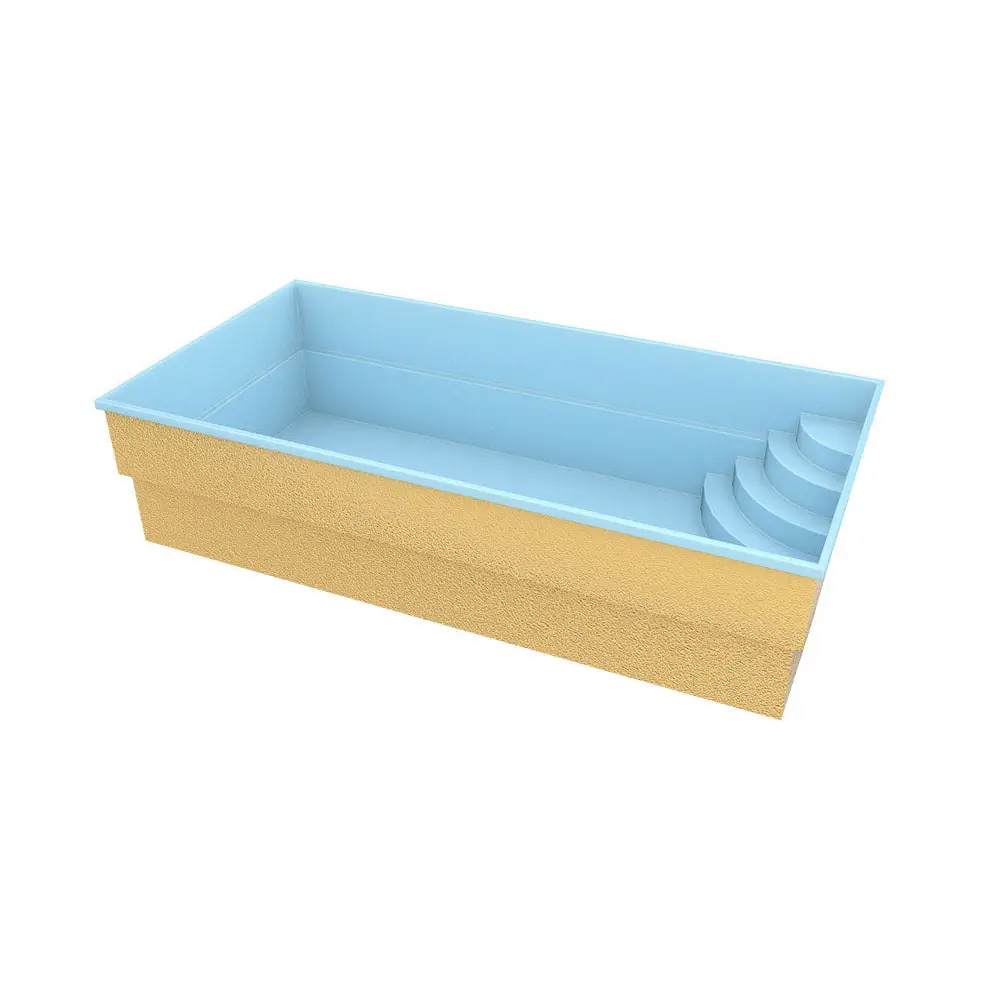 Glasfiberpool Papeete med elegant pooltak i ljusblå interiör och texturerad gul-guld exteriör