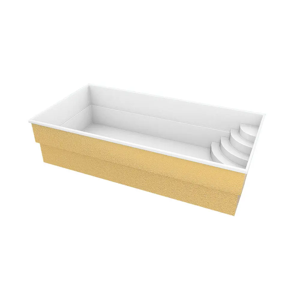 Glasfiberpool Papeete med guldtexturerad exteriör, vit interiör och pooltak med inbyggda steg