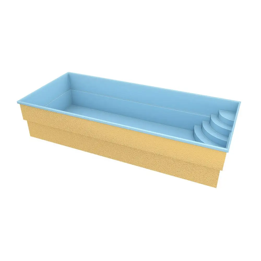 Glasfiberpool Papeete med ljusblå och beige rektangulär pool och inbyggda steg