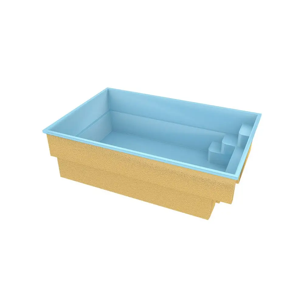 Rektangulär glasfiberpool Saba med turkost vatten och ljusblå interiör