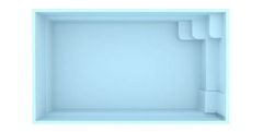 Saba fibreglass pool – light blue finish, rectangular shape, turquoise water, moulded steps