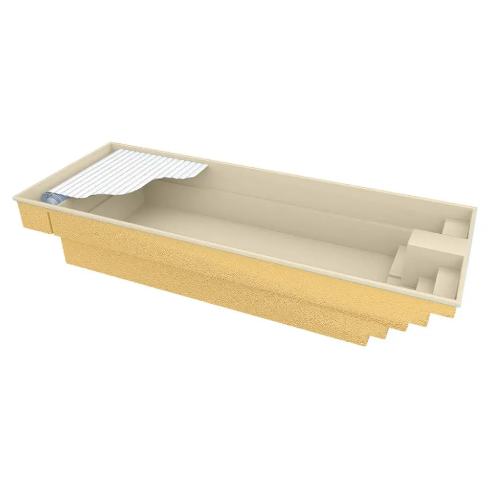 Glasfiberpool Trinidad med inbyggt poolöverdrag och beige betongpool