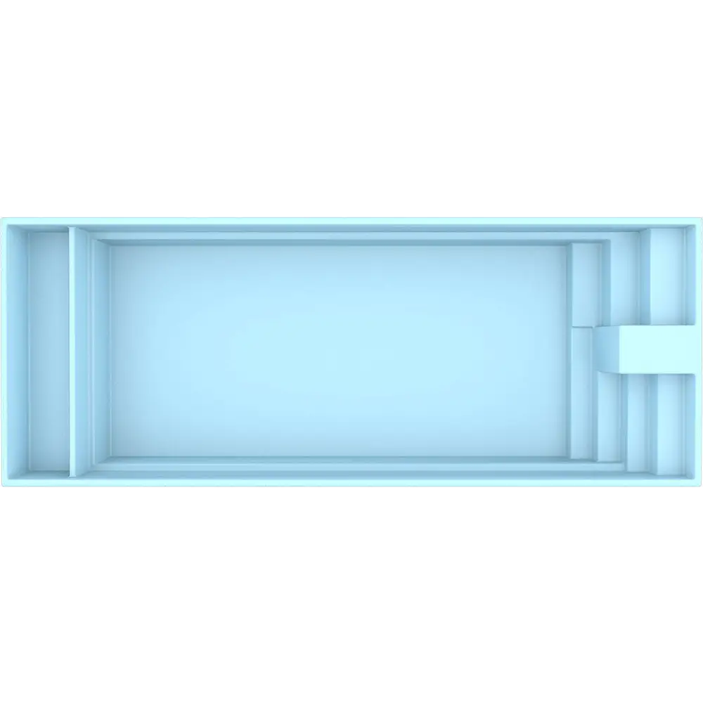 Ljusblå glasfiberpool Trinidad med inbyggt poolöverdrag och integrerade steg