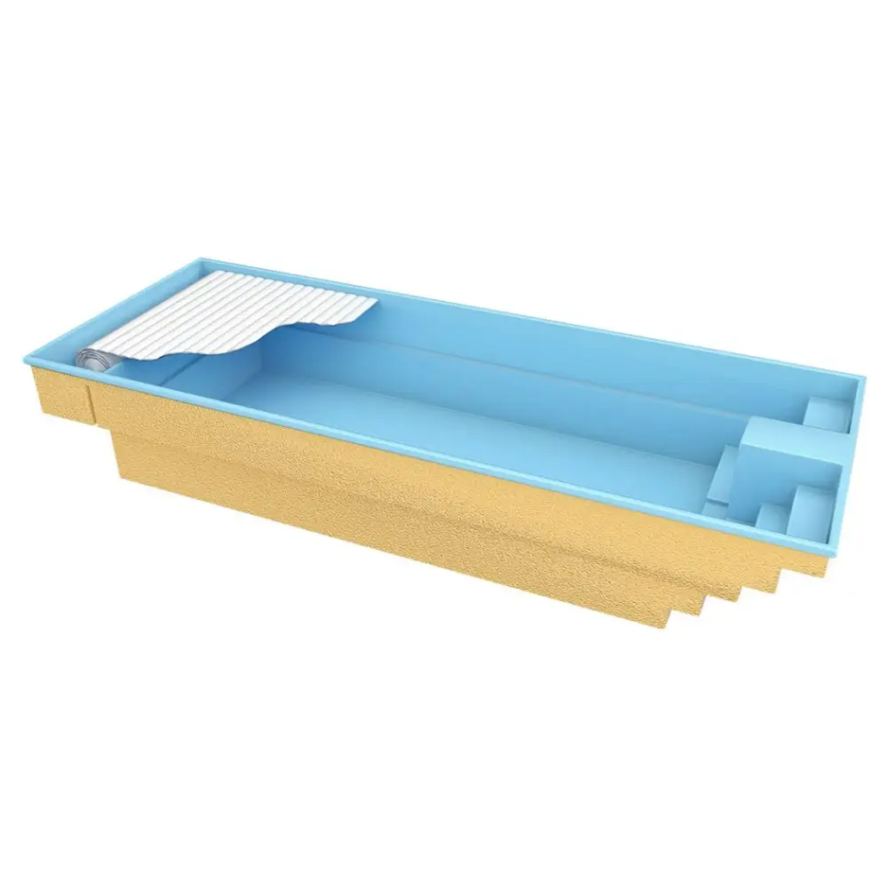 Glasfiberpool Trinidad med blå kakel och inbyggt poolöverdrag