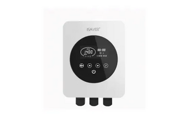 White iSaver control panel for pool construction with a black display and buttons