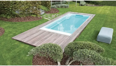 Leisurepools Encore pool – straight lines, for narrow plots, rectangular shape, clear blue water