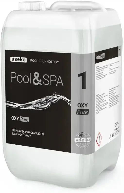 Vit plastdunkar med Aseko Oxy Pure Liquid 20L aktivt syre för pool och spa