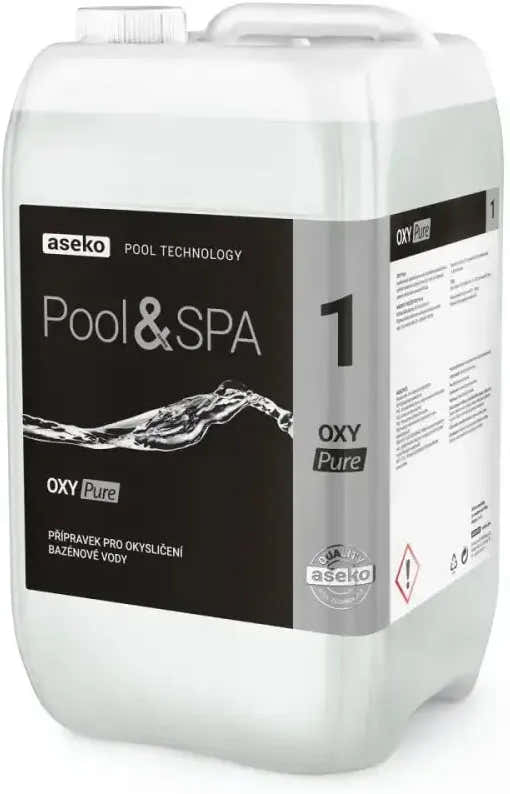 White plastic containers of Aseko Oxy Pure Liquid active oxygen for pools and spas, 20 l