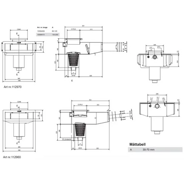 Teknisk ritning av Pahlen Bräddavlopp Classic Wide med vyer och mått