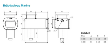 Marine skimmer, model 124981, in acid-resistant stainless steel with dimensions