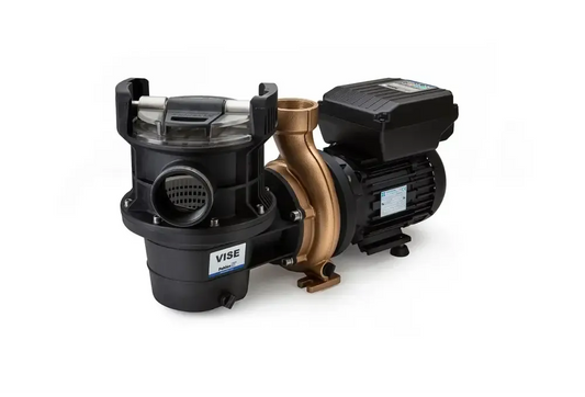 Pahlén EcoVise HV75 pool pump in black and brass colours with quiet operation and a high-efficiency synchronous motor