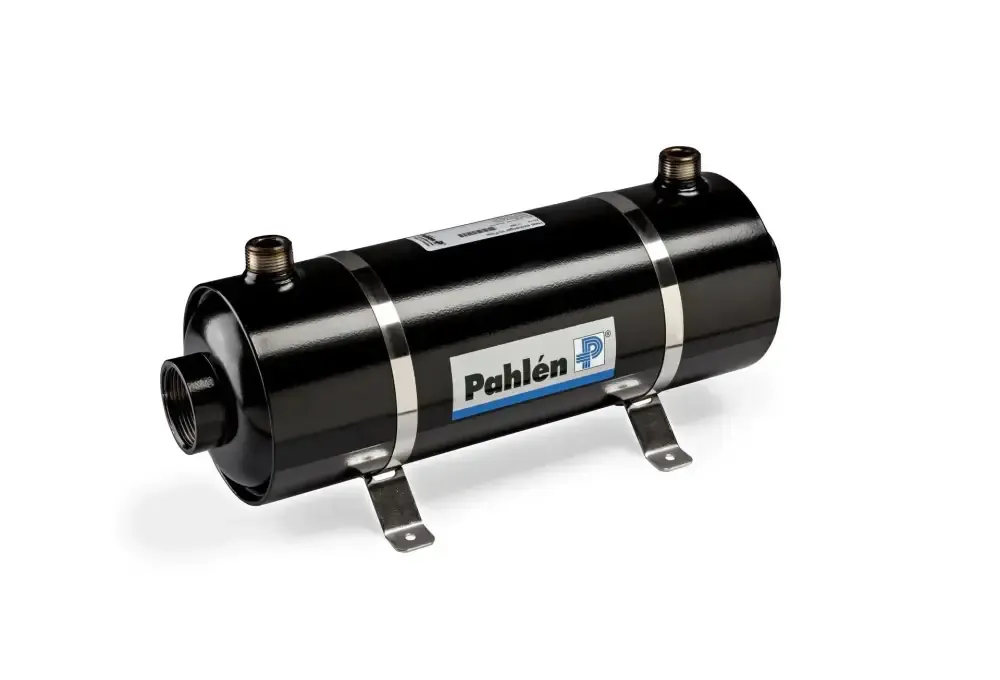 Svart Pahlén värmeväxlare i rostfritt syrafast stål med silverband