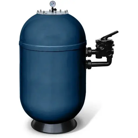 Pahlén Mundo sand filter, 1½–2 inch SV – blue cylindrical tank, black pipe and valve