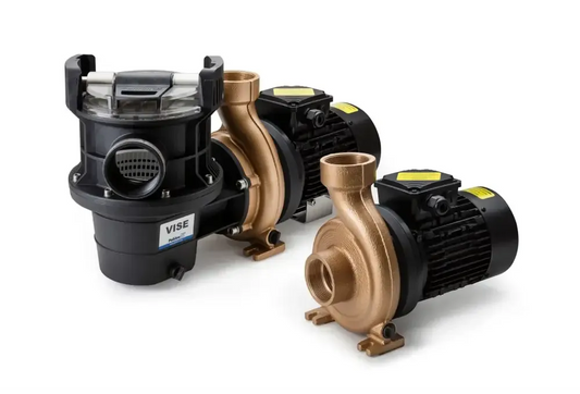 Industrial pool pumps in black and brass colours, made from acid-resistant stainless steel and labelled Vise