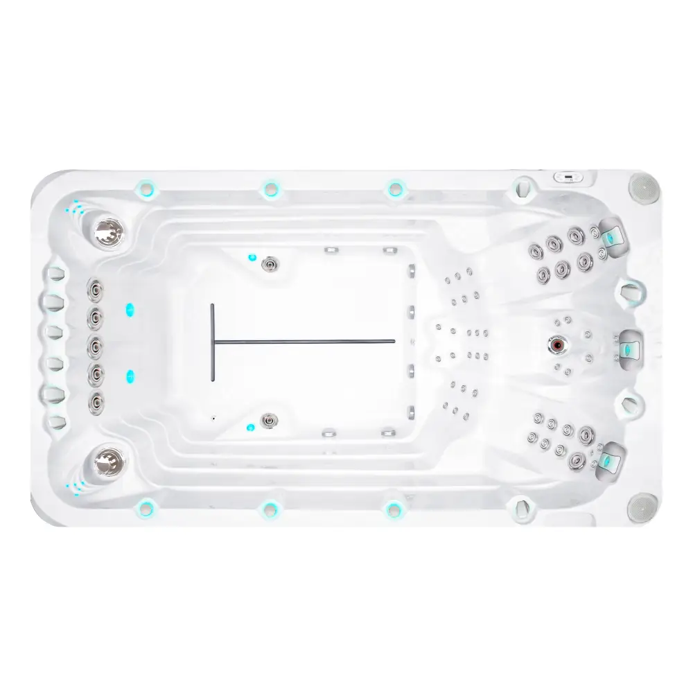 Vit PassionSpa Activity 1 Deep Swim Spa med vit bad, silver strålar och turkos belysning