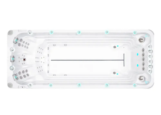 PassionSpa Activity 2 Deep swim spa – white finish, rectangular shape, turquoise accents, silver massage jets