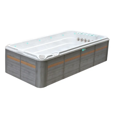 Modern PassionSpa Activity 2 Deep Swim Spa med vit insida, grå träpaneler, tan ränder och blå LED-ljus