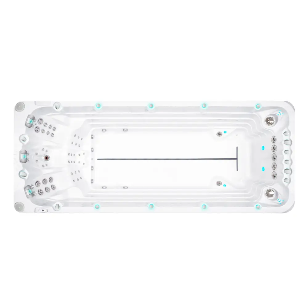 Vit PassionSpa Activity 2 Swim Spa i Sport Collection, vit rektangulär med turkosa lampor och silvermunstycken