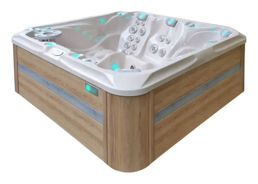 PassionSpa Admire hot tub – white wood-effect finish, turquoise LED lighting