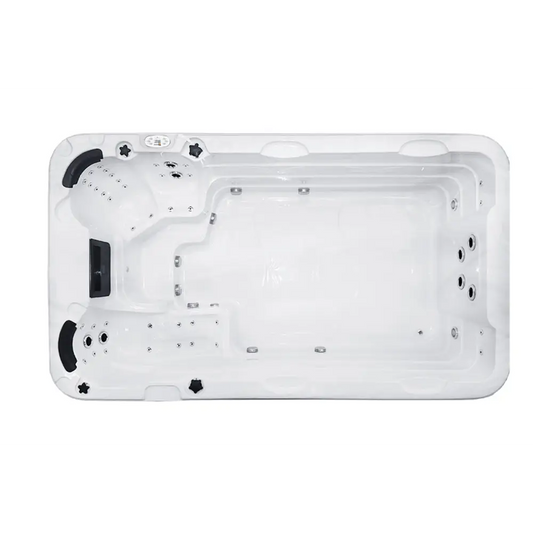 PassionSpa Aquatic 1 Eco swim spa – white finish, rectangular shape, black accents, silver massage jets