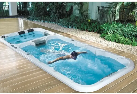 PassionSpa Aquatic 3 Deep swim spa – white finish, blue water, swim jets