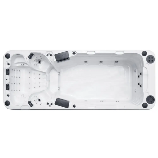 PassionSpa Aquatic 5 swim spa – Sport Collection, white finish, rectangular shape, black panels, star-shaped cut-outs