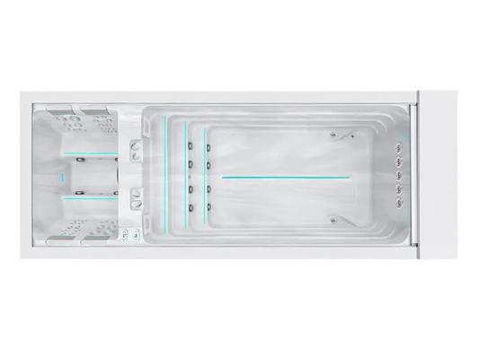 PassionSpa Balance swim spa – modern design, white finish, integrated seats, turquoise lighting