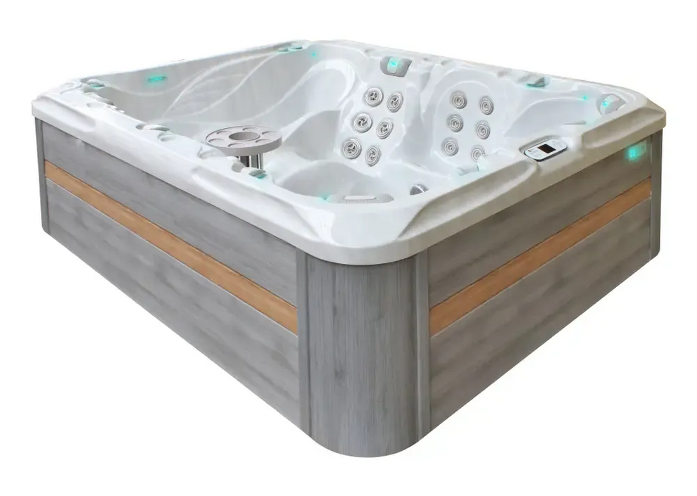 PassionSpa Desire hot tub – Signature Collection, white finish, grey wood panels, blue lighting