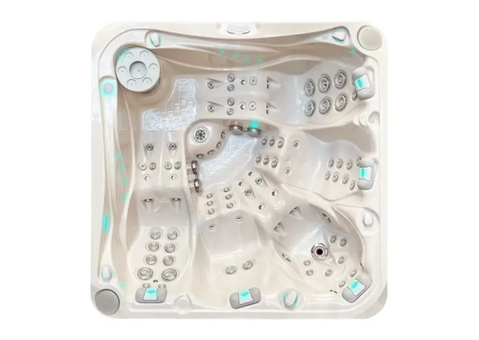 PassionSpa Devotion hot tub – Signature Collection, creamy yellow colour, massage jets, turquoise lighting