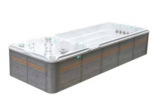 PassionSpa Dynamic Deep swim spa – modern design, grey and wood tones, white interior