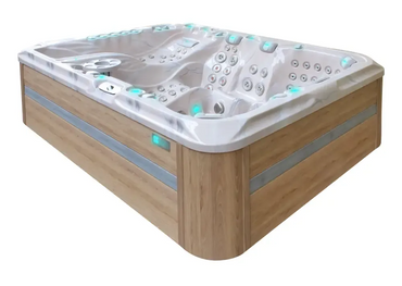 PassionSpa Ecstatic Mighty Wave hot tub – modern design, white interior, light wood cladding, turquoise lighting