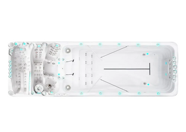 PassionSpa Energy Deep swim spa – white finish, rectangular shape, light blue LED lighting, integrated massage jets