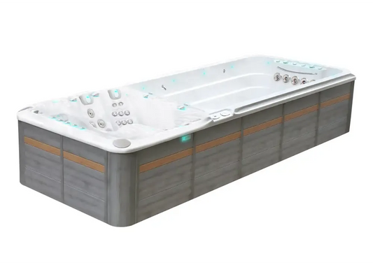 PassionSpa Energy Deep swim spa – modern design, white interior, grey wood panels, LED lighting