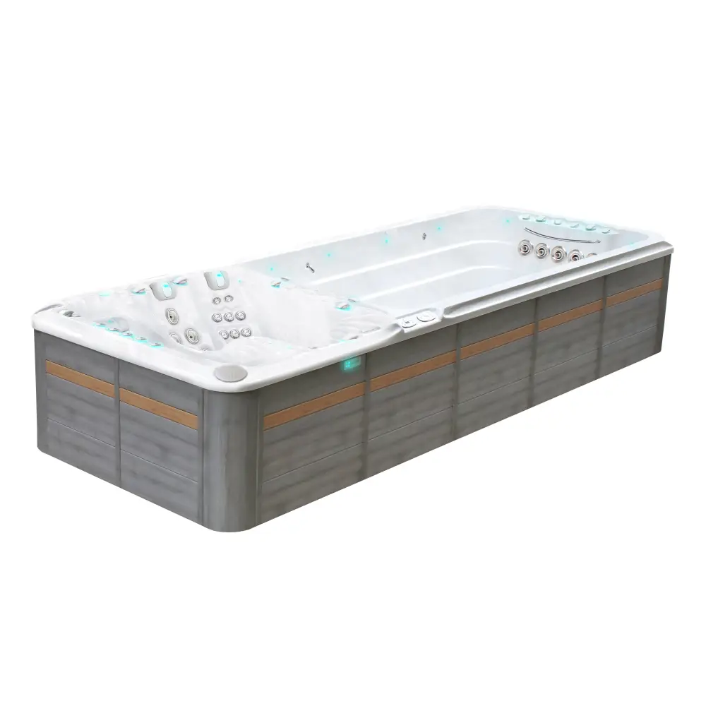 Modern PassionSpa Energy Deep Swim Spa med vit insida, grå träpanel och LED-belysning