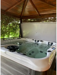 PassionSpa Euphoria Mighty Wave hot tub – cream-coloured finish, black massage jets, wooden floor