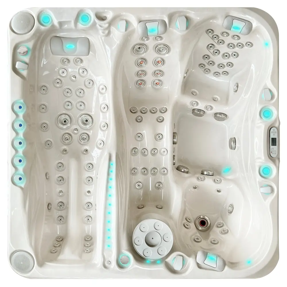 Vit PassionSpa Euphoria Mighty Wave Spabad med vita hottub, silverstrålar och blå LED-belysning