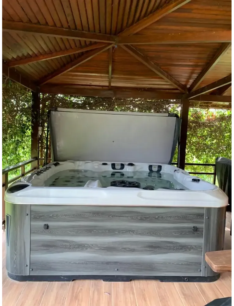 PassionSpa Euphoria Mighty Wave hot tub – grey wood texture, white interior, black massage jets