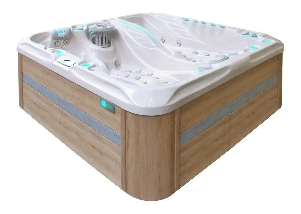 PassionSpa Euphoria Mighty Wave hot tub – white acrylic, light wood cladding, turquoise LED lighting