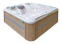 PassionSpa Euphoria Mighty Wave hot tub – white acrylic, light wood cladding, turquoise LED lighting