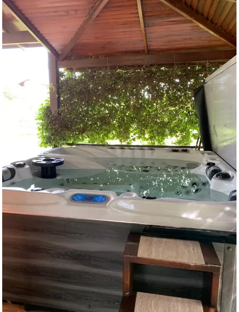 PassionSpa Euphoria Mighty Wave hot tub – white finish, white interior, black massage jets, wood details