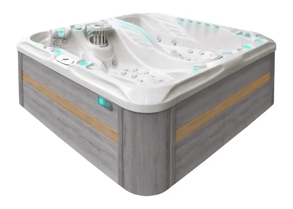 PassionSpa Euphoria Mighty Wave hot tub – white finish, white interior, grey wood panels, light blue LED strip