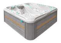 PassionSpa Euphoria Mighty Wave hot tub – white finish, white interior, grey wood panels, light blue LED strip