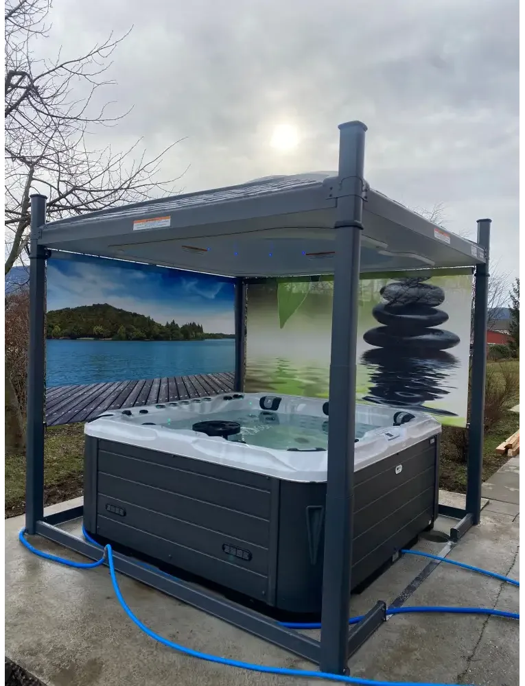 PassionSpa Felicity Mighty Wave hot tub – dark grey finish, white interior, black panel, canopy with a nature print