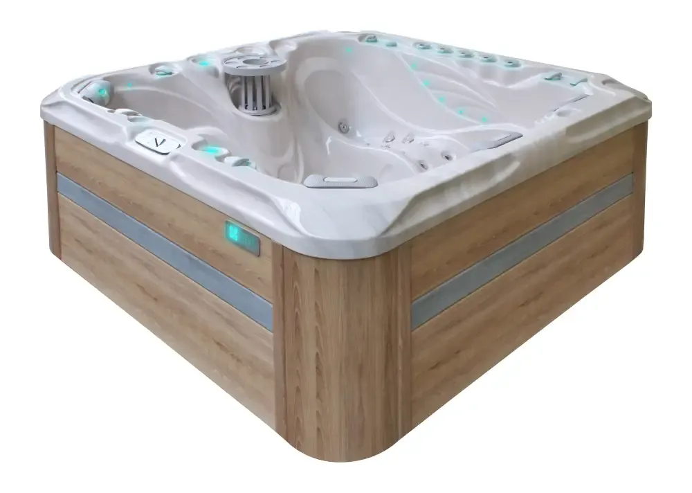 PassionSpa Felicity hot tub – modern design, white finish, wooden panel, silver details