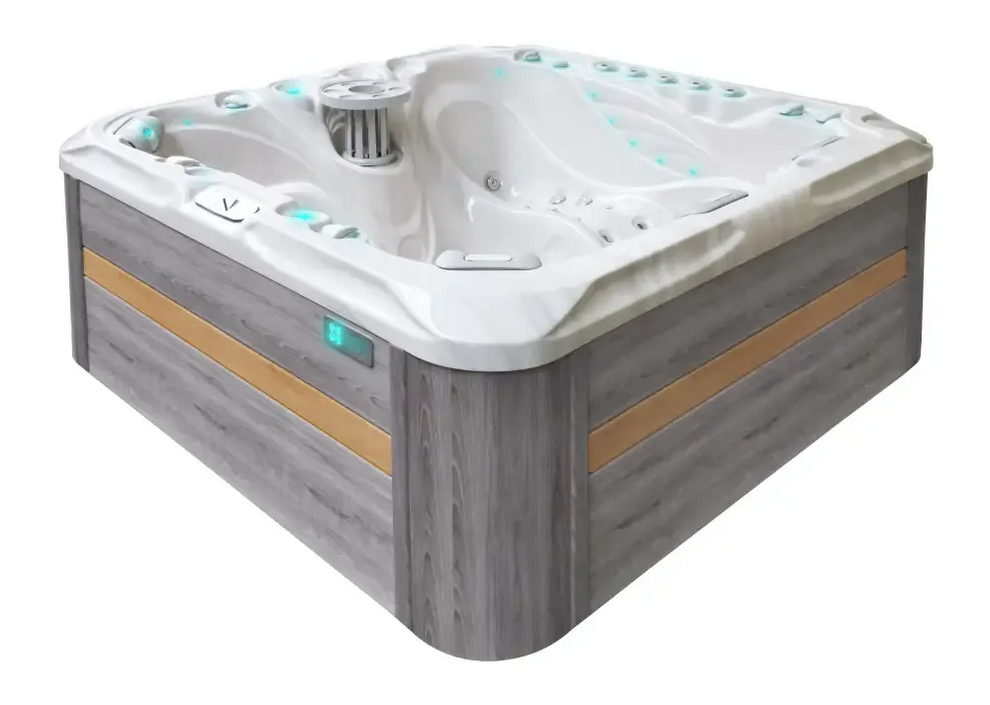PassionSpa Felicity Mighty Wave hot tub – modern design, white finish, grey wood panels, amber accent